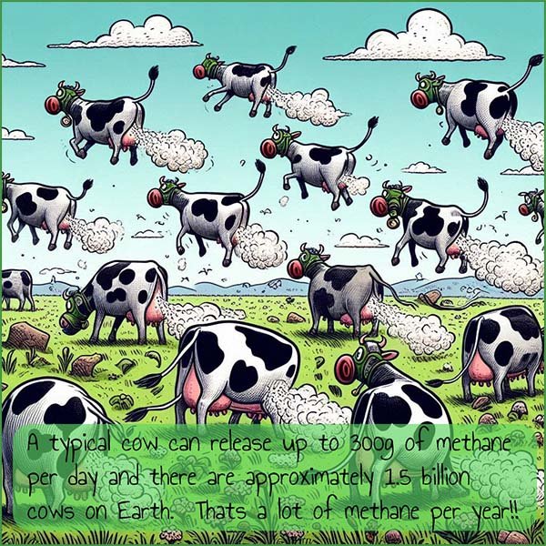 Image to show how cows release methane and this contributes to glbal warming and the greenhouse effect